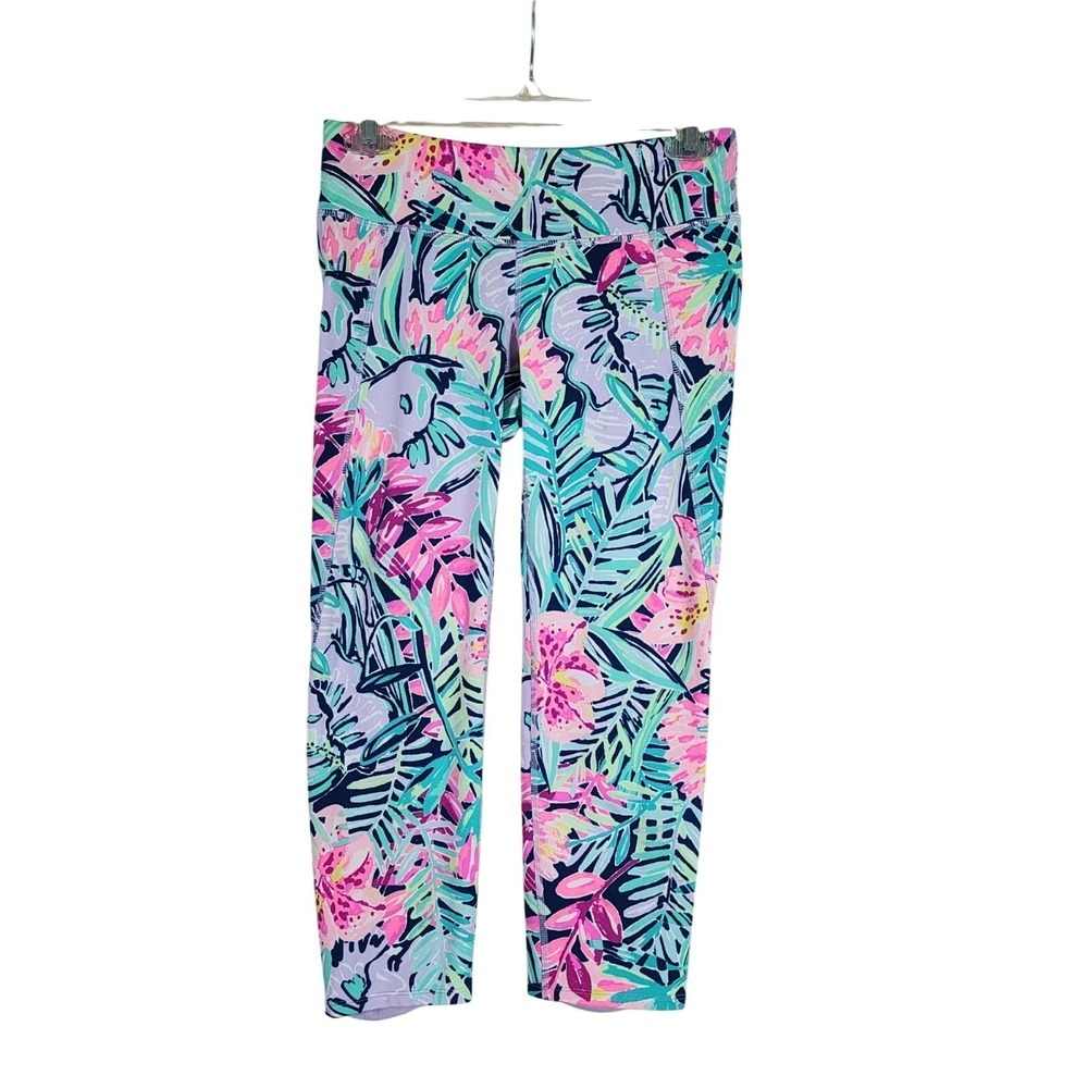 Lilly Pulitzer Luxletic S Capri Leggings Floral Purple Pink Low Rise Yoga